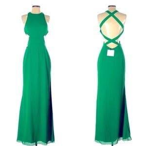 NWT Fame and Partners Green Halter Cut Out Backless Elegant Maxi Gown Size US 2